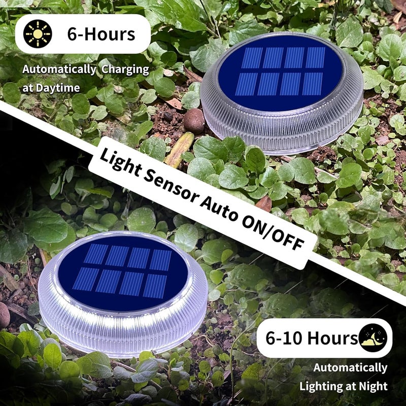 DetarZinLED Solar Deck Lights Outdoor Waterproof, 6 Pack White Round Deck Lights Solar Powered, Flat Stick on Ground Disc Light for Outdoor Pathway Driveway Step Yard Dock Walkway Patio - Image 3